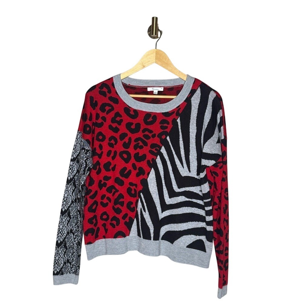 Red Leopard Colorblock Sweater 89th + Madison Large Soft Grunge Statement Knit